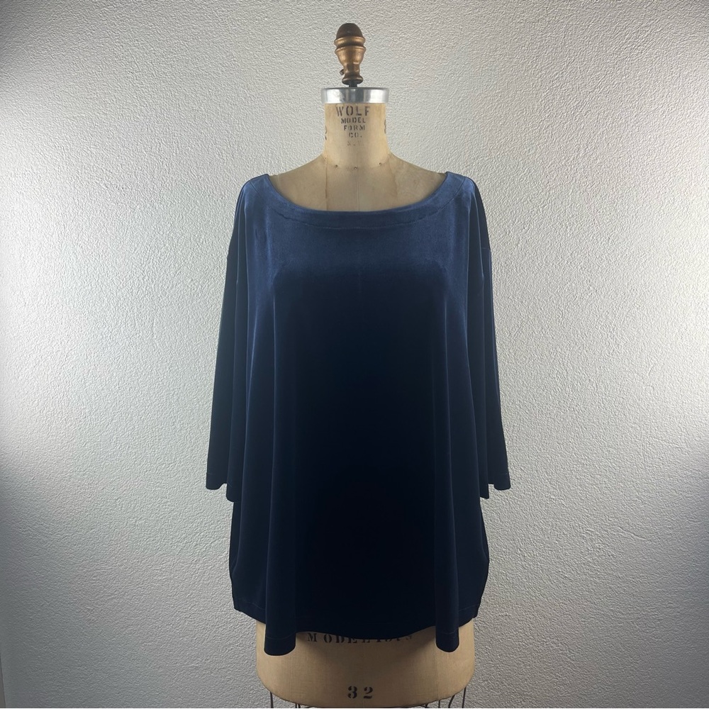 Eileen Fisher l XL Navy Silky Velvet Boatneck Drop Shoulder Flare Sleeve Blouse